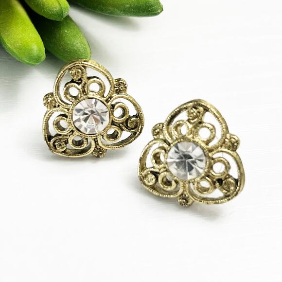 1928 Brand Vintage Gold Filagree Rhinestone Pierced Stud Earrings - Picture 1 of 5